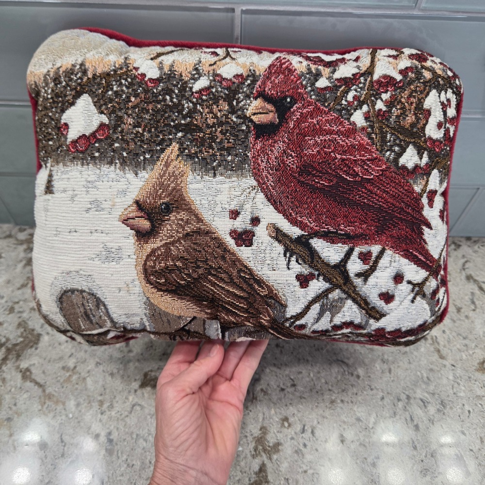 Vintage Cardinal Birds Winter‎ Tapestry Accent Pillow Red Velvet Back 14x10